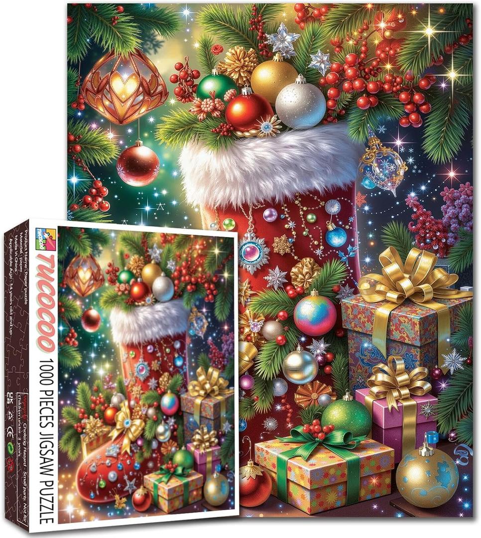Red Christmas Stocking Jewels Ornaments Gift Boxes 1000 Piece Puzzle for Adults Beginners DIY Craft Challenging Family Activity 27x20 Inches (Christmas Decorations-01)