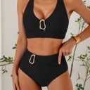 Herseas Women's High Waisted Bikini Sets Crisscross Back Swimsuit V Neck Metal Ring 2026 Summer Bathing Suit Beachwear (Black, L)