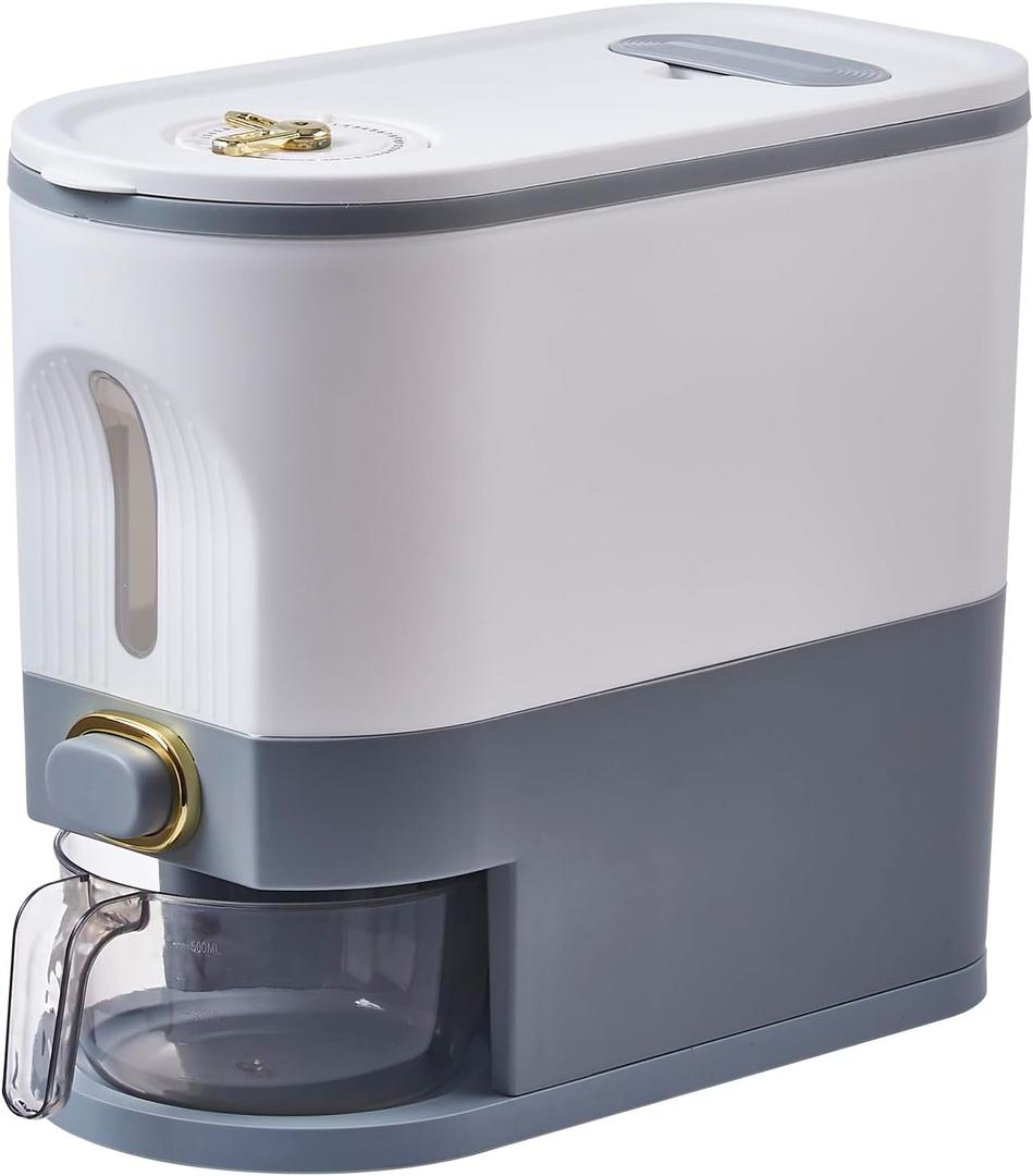 Sooyee 11 Lbs Rice Container, Large Grain Container Storage with Lid Measuring Cylinder Moisture Proof Household Cereal Dispenser Bucket for Kitchen Soybean Corn, White and Grey