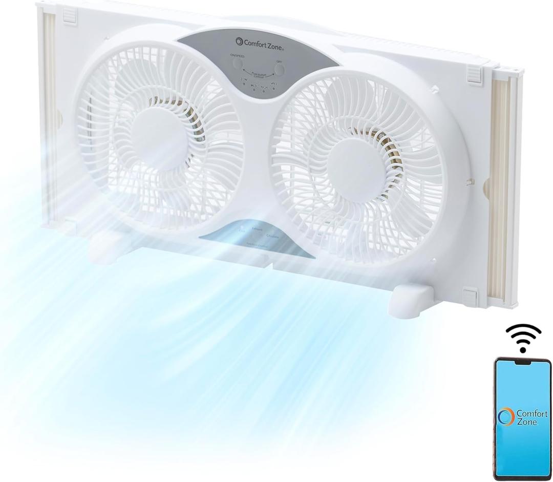 Comfort Zone Window Fan for Bedroom, 9 inch 3 Speed Dual Fans with Auto-Locking Expanders, 3 Modes (Cool, Circulate, Exhaust), Wi-Fi App Control, Fabric Cover plus Bug Screen, White
