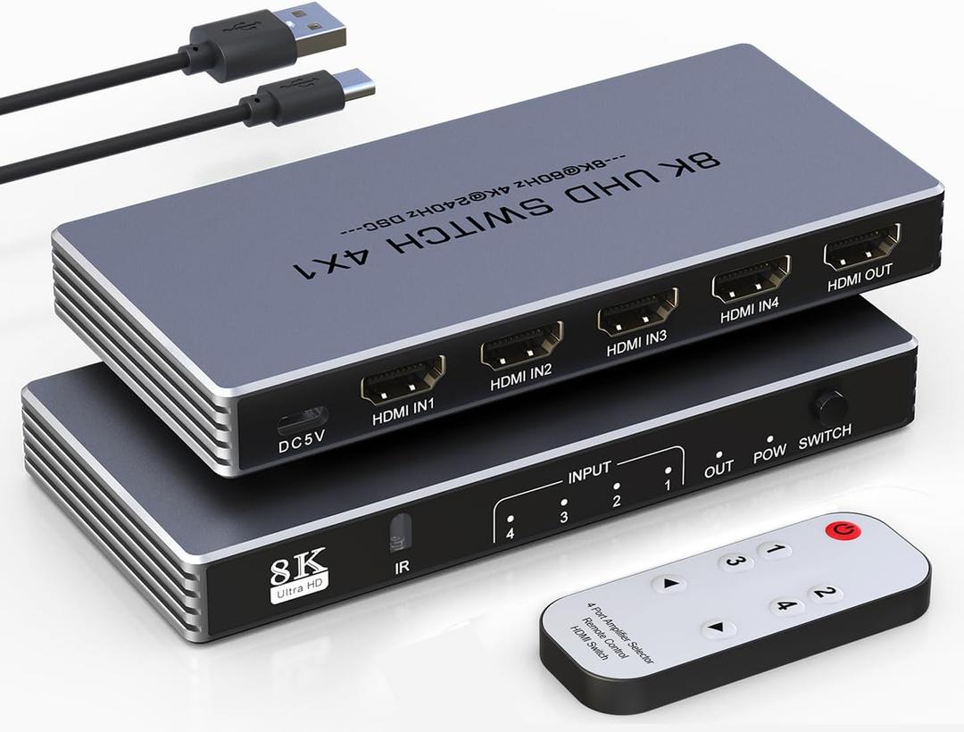 Hdmi Switcher 4 in 1 Out - New 8K@60Hz 4K@240Hz/144Hz/120Hz HDMI Splitter with Remote Support 3D/HDR/HDCP2.3, for PS5/4 Xbox Nintendo Switch Roku Apple TV Fire Stick 4 Port 8k HDMI2.1 Switch