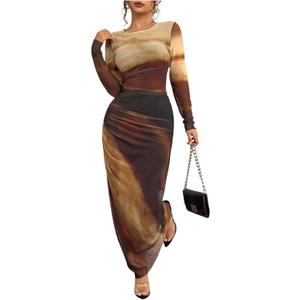 Women's Fall Wedding Guest Dress Long Sleeve Cocktail Date Night Sexy Y2K Bodycon Ruched Mesh Formal Maxi Dresses (Ginger, X-Large)