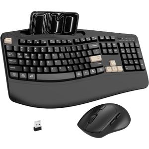 Wireless Keyboard and Mouse Combo, 2.4G Full Size Wave Keys Ergonomic Keyboard with Wrist Rest, Phone Holder, 3-Level DPI Wireless Silent Mouse with 6-Buttons, for Windows (Latte Black)