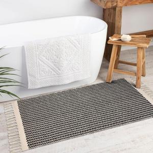 Lahome Boho Kitchen Runner, 2x4.3 Bathroom Runner Rugs Lightweight Entryway Rug Woven Cotton Throw Mat with Tassels, Farmhouse Non Shedding Washable Black Rug Low Pile Runners for Bedroom Doorway