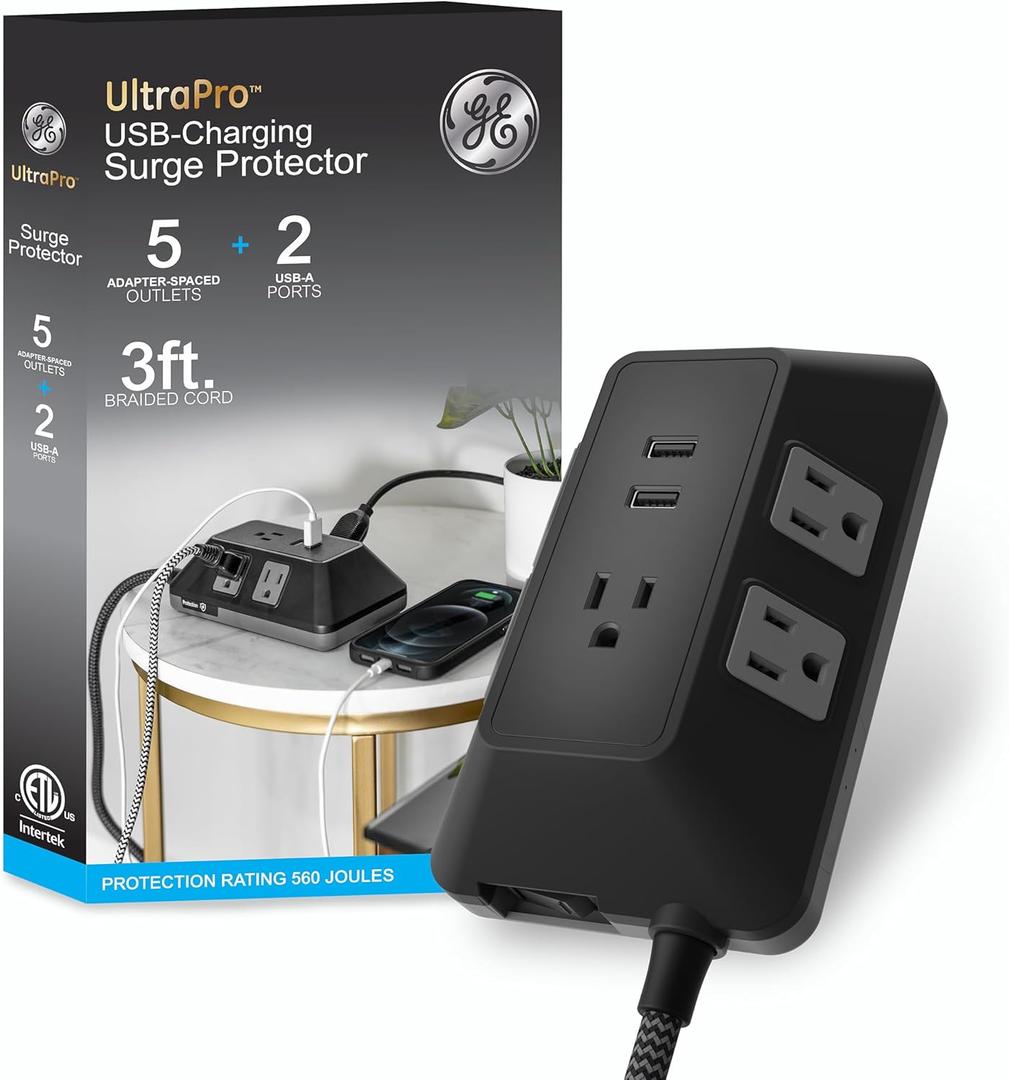 GE UltraPro Adapt 5-Outlet Surge Protector with USB Ports, 2 USB-A Ports, 2.4A, 3ft Braided Cord Power Strip Surge Protector, 560 Joules, Black, 73777