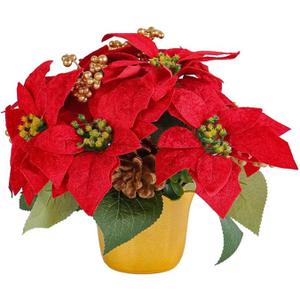Artificial Christmas Flowers - 7 Heads Faux Red Poinsettia Plants in Pots - Fake Poinsettia Bonsai Christmas Arrangement for Home, Office, Garden Party Decor (1 Pcs)