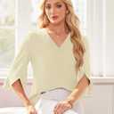Women's 3/4 Sleeve Tops Pleated V Neck Business Casual Chffion Blouses Dressy Office Work Shirts Loose Fit Tunics (Beige, M)