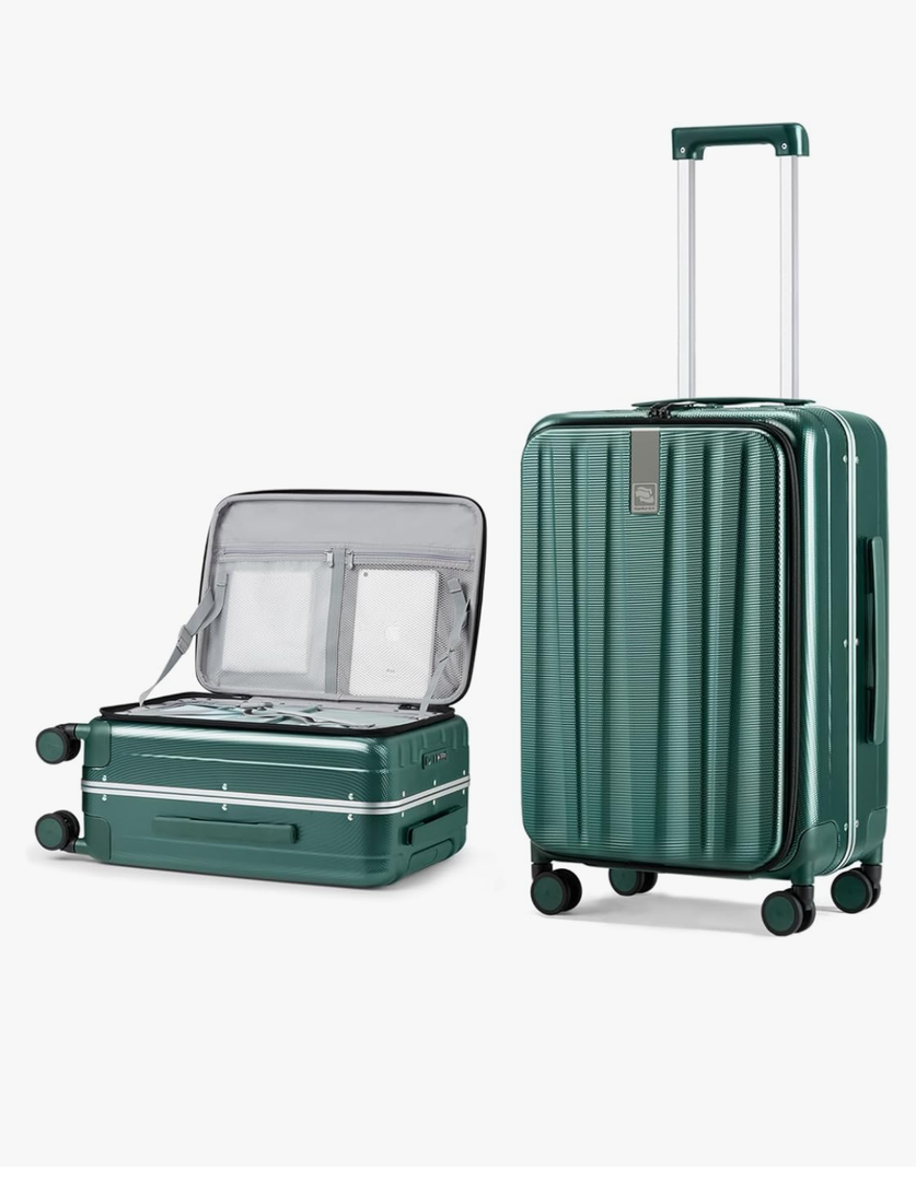 Hanke 24 Inch Checked Luggage Front Opening Rolling Suitcase Hard Sided Luggage with Spinner Wheels Travel Luggagefor Woman Men.(Dark Green