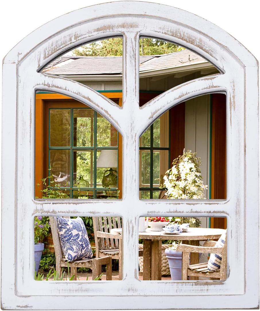Rustic Wood Mirror - Arched Windowpane, Farmhouse Style with Whitewashed Frame, Perfect for Entryway or Bedroom
