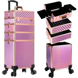 AROUS Rolling Makeup Train Case 4 in 1 Cosmetology Case on Wheels Large Storage Cosmetic Trolley with Key Salon Barber Case Traveling Cart Trunk, Pink