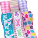 Ribbli Easter Ribbon Wired-Easter Bunny/Eggs/Colorful Stripe/Pink and Purple Check Burlap Ribbon 2-1/2 Inch Total 90 Feets(30 Yards) 6 Rolls Spring Ribbon for Crafts Wreaths Wrapping Outdoor Decor