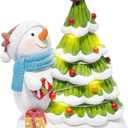 Hodao Christmas Tree Figurine Decorations  Lighted Hand-Painted Resin Snowman with Cardinal, Tabletop Decor for Family or Friends | Mantel, Shelf, Living Room Display (Green)