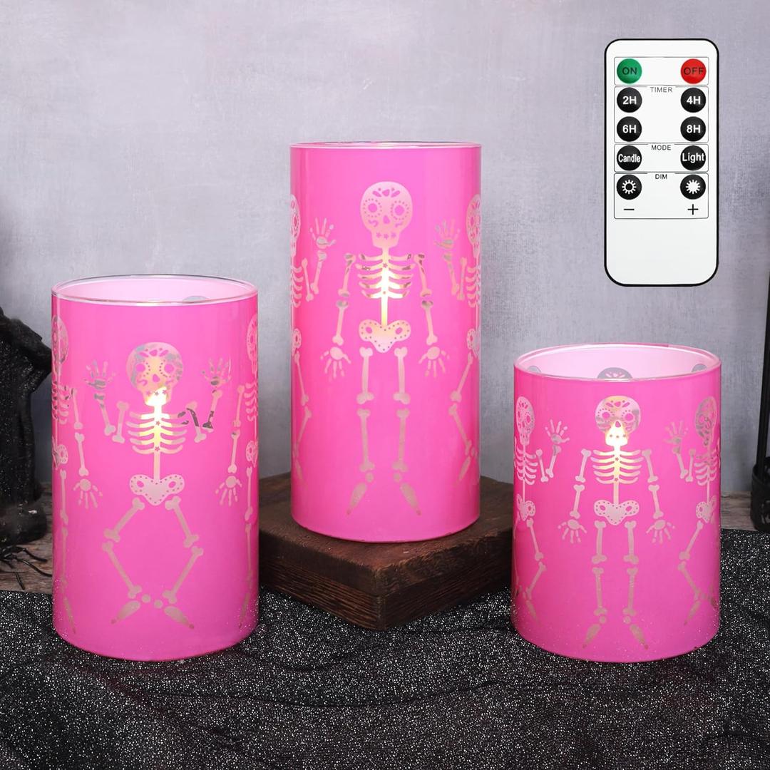 Glass Flameless Candles Halloween Gothic Decor Battery Operated Electric Flickering Candles with Remote Control Pink Funny Skeleton Spooky for Home Party Haunted House Bedroom, Set of 3
