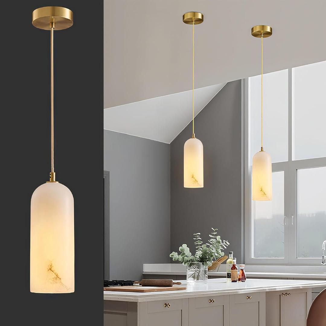 Modern Alabaster Pendant Light Kitchen Island White Marble Pendant Lighting Antique Brass Natural Stone Ceiling Hanging Lamp Long Tube Linear Chandelier for Dining Room Bedroom Bathroom
