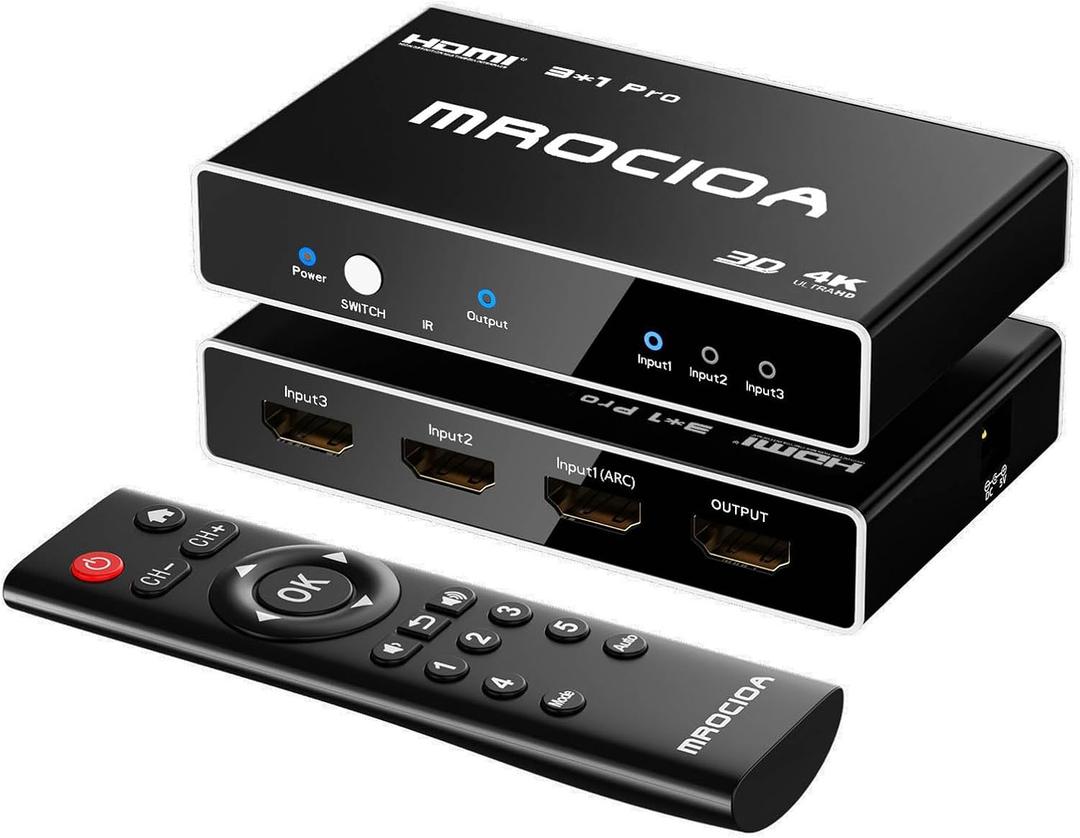 HDMI Switch Splitter 3 in 1 Out 4K 60Hz/ HDCP2.3/ MF Remote for Auto Switch on off/eARC/Allm/Vrr/CEC/HDR10+/Dolby Vision. Switcher selector Box hub Multi Adapter for Multiple Extra Port