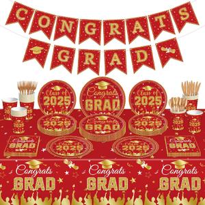172 Pcs Graduation Class of 2025 Table Party Supplies Set, Congrats Grad Disposable Dinnerware with Paper Plates, Cups, Napkins, Forks, Spoons, Tablecloths, and Banner for Graduation Party (Red)