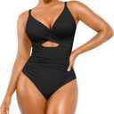 SHAPELLX Tummy Control Swimsuits Women V Neck One Piece Bathing Suit Ruched Push Up Slimming Swimwear Built-in Bra (Black, L)