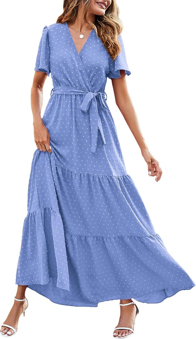 MASCOMODA Womens Summer Swiss Dot Maxi Dresses Wrap V Neck Flutter Short Sleeve Boho Casual Flowy Long Wedding Guest Dress (Blue, S)