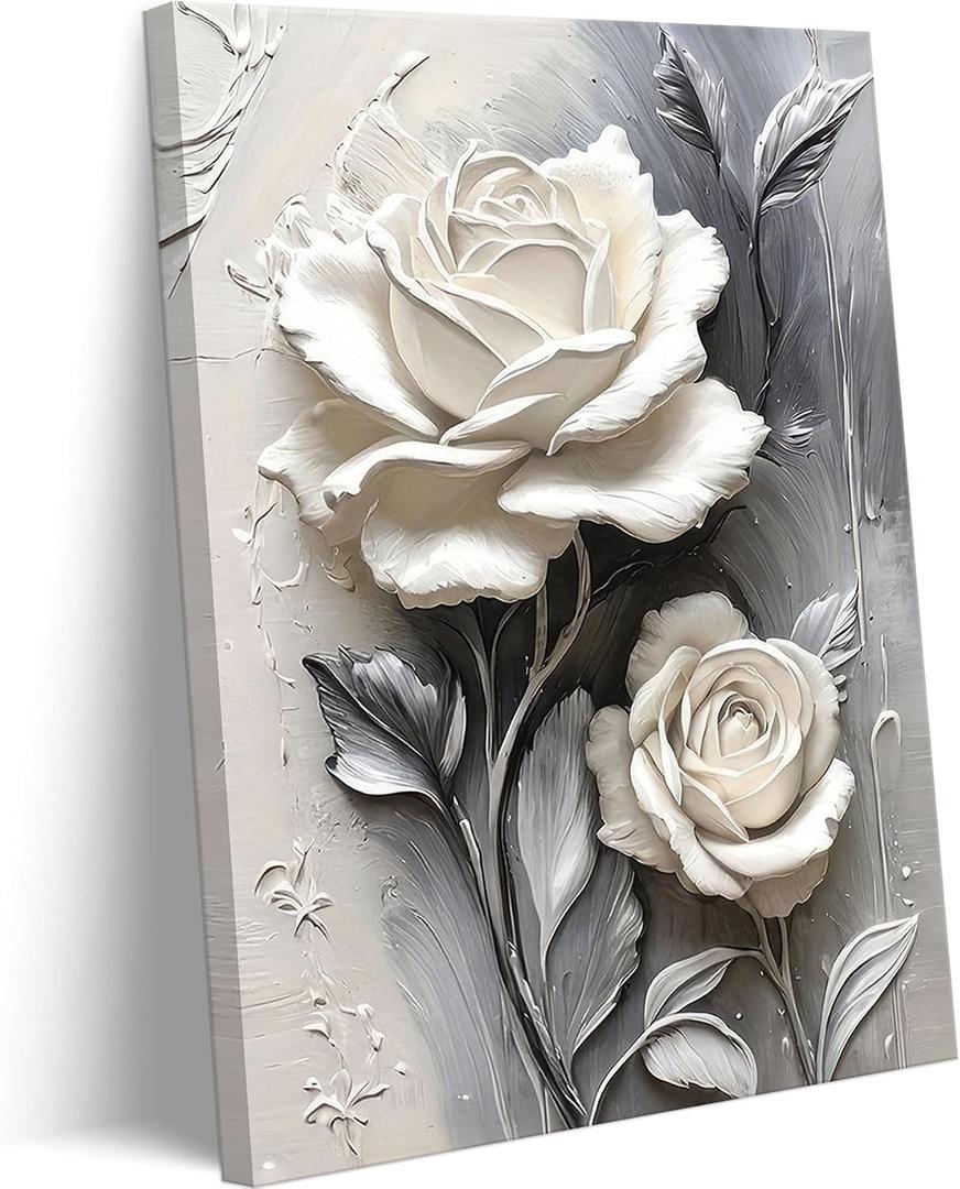 Elegant White Rose Canvas Wall art Modern Abstract Floral Wall Decor Picture White Blooming Flowers Poster Print Painting for Office Living Room Bedroom Bathroom Home Decorate Prepare To Hang, 36"L x 24"W-Canvas