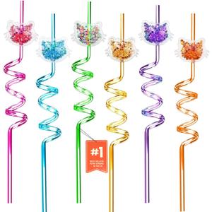 24 Glitter Cat StrawsReusable Straws with 24 Detachable Kitty Charms - 6 Colors Spiral Party Drinking Straws 2 Cleaning Brushes for Birthdays, Christmas, Kids & Adults