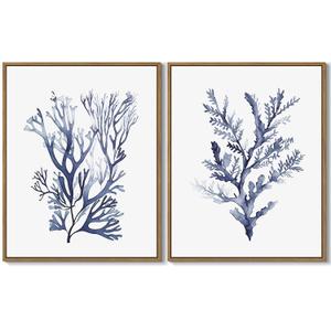 LHZSJWDCCR Sea Coral Wall Art Navy Blue Ocean Coral Painting Prints Coastal Beach Themed Picture Watercolor Corals Wall Decor Framed for Living Room Bedroom Bathroom Decoration Gifts - 11"x14"x2Pcs