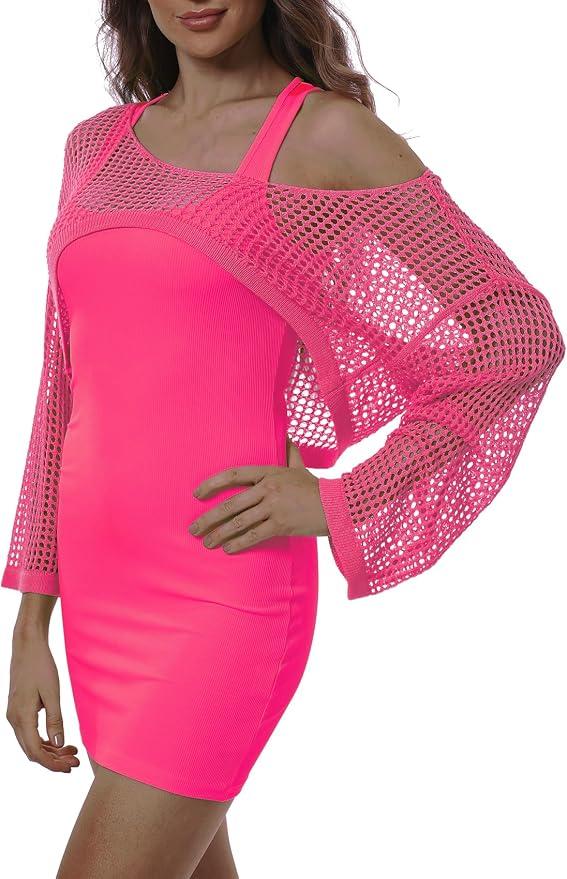 80s Costumes for Women Fishnet Neon Off Shoulder Dress 3, Medium