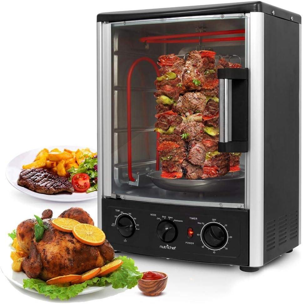 Nutrichef Vertical Countertop Oven with Rotisserie, Bake, Broil, & Kebab Rack Functions - Adjustable Settings - 2 Shelves - 1500W - Thanksgiving Turkey - Includes Grill, Kebab skewer racks & bake pan