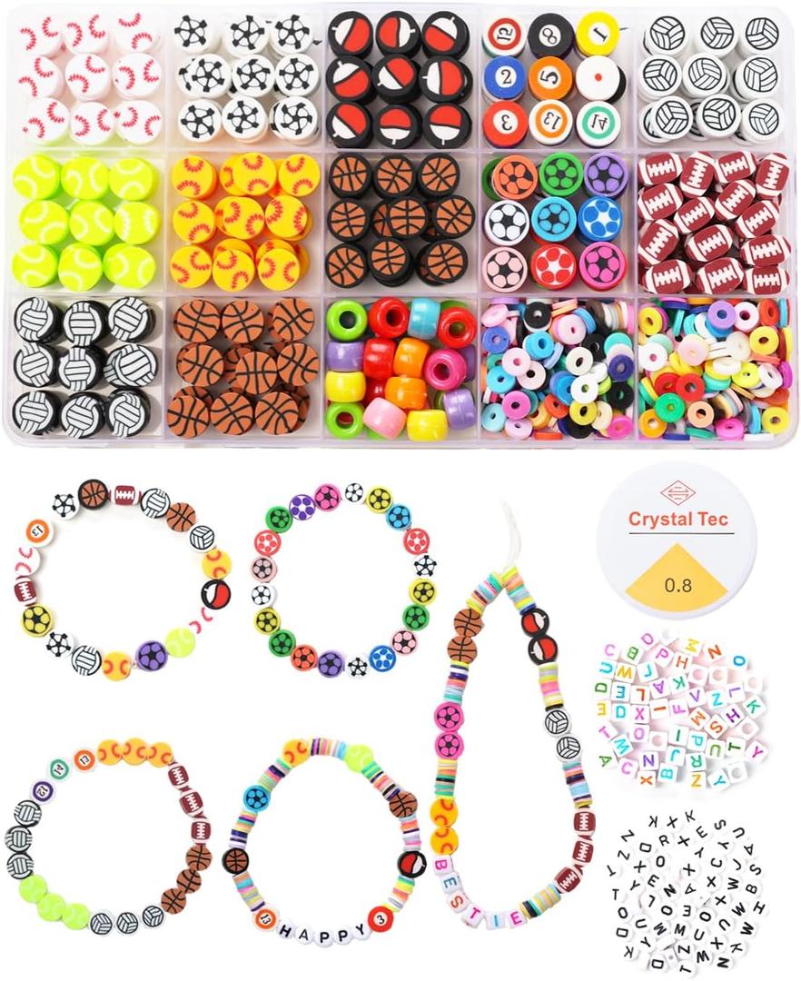 HSONAIGEE 600 Pieces Sport Ball Clay Beads for Jewelry Making, Sport Polymer Clay Beads Basketball Soccer Volleyball Football Beads Charms for Bracelets Necklace Crafts Kits for Adults Women