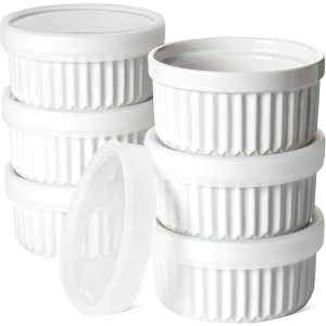 LE TAUCI Ramekins with Lids, [2nd Gen] 4 oz Oven Safe Creme Brulee Ramekin Souffle Dishes with Covers, Stackable Ceramic Bowls for Baking, Pudding, Serving Dip, Custard, Ice Cream, Set of 6, White