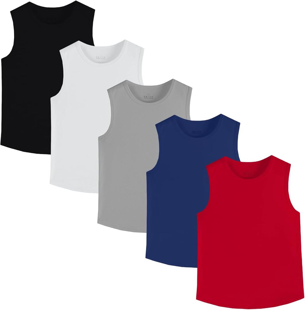 Phedrew 5 Pack Boys Youth Kids Mesh Athletic Quick Dry Tank Top Sleeveless T Shirts Moisture Wicking Tank Tops (11-12 Years, Black,grey,white,blue,red)