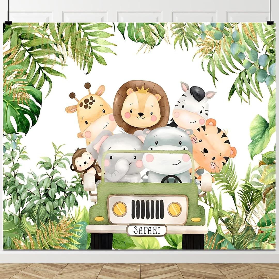 Jungle Animals Baby Shower Backdrop Banner 10x8ft Safari Animals Birthday Decorations for Boy Wild One Birthday Party Photography Background Forest Jungle Theme Party Supplies