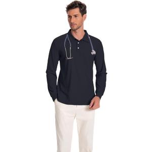 Scrub Shirt for Men Lab Medical Polo Nurse Doctor Stand Up Collared Long Sleeve Medicine Work Top (Black, XXL)