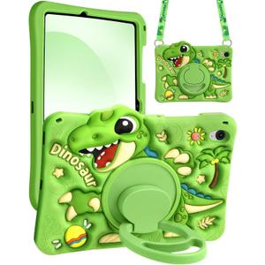 Boaretiu Tablet Case - Cute Cartoon Silicone Cover with Adjustable Shoulder Strap & Rotating Stand for Kids Boys Girls, for Samsung Galaxy Tab S10 FE 2025/S9 FE 2023 Case 10.9", Green Dinosaur