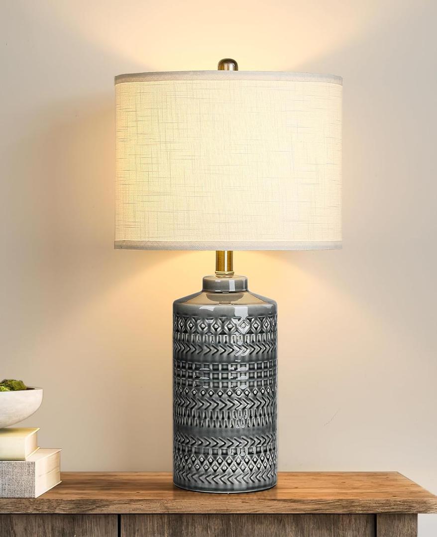 Modern Ceramic Table Lamp, 24.5" Living Room Lamps 3-Way Dimmable Gray Nightstand Lamp with White Shade|Tall Bedside Lamp Desk Decor Lamps for Bedrooms Farmhouse Office End Table Lamps(Bulb Included)