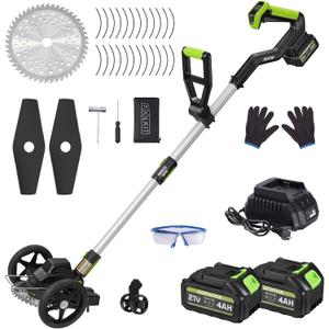 Electric Weed Wacker Cordless with Wheel, Brushless Grass Trimmer with 2 21V 4.0Ah Battery and Fast Charger, 3 Types of Blades String Trimmer, Weed Eater Battery Powered, Grass Cutter Machine