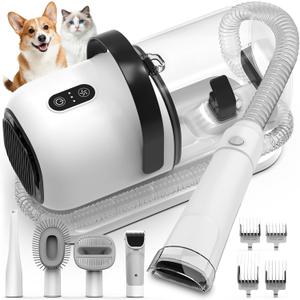 Dog Grooming Vacuum, All-in-One Pet Grooming Kit with Hair Clipper & Shedding Brush, Low Noise 12,000Pa Dog Hair Remover Vacuum, Pet Groomer Set with Cleaning Brushes, PG01 (White)
