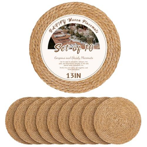 13 in Round Woven Placemats Plate Chargers Set of 10, Boho Farmhouse Rustic Woven Place Mats for Dining Table Decor, Rattan Wicker Table Mats Jute Braided Chargers for Dinner Plates