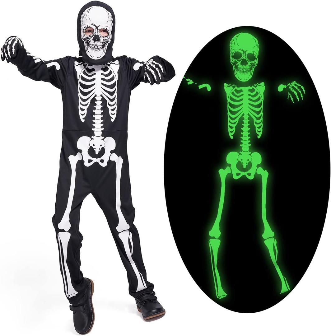 Sincere Party Kids Skeleton Costume Glow in the Dark Skeletons Halloween Skeleton Costumes for Boys and Girls (7-9years, White Gid Skeleton)