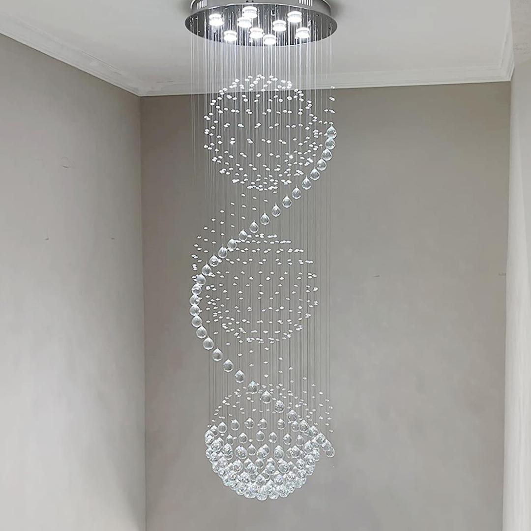 Sefinn Four Modern Crystal Chandelier Spiral Sphere Design 9 Light Crystal High Ceiling Light Chandelier for Living Room Hotel Stairs Foyer Entryway Height 79 inch Flush Mount Diameter 24 inch