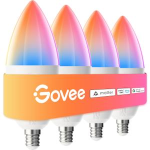 Govee E12 Led Bulb, Smart Light Bulbs Work with Matter, Alexa, Google Assistant, WiFi Candelabra Bulbs 40 Watt Equivalent, RGBWW Color Changing Light Bulb, 2.4GHz Only, 450 LM, 4 Pack