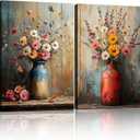 2pcs Framed Canvas Painting Wildflowers Vintage Floral Vase Butterfly Wall Decor For Living Room Bedroom Studio Hallway Country Farmhouse Style Art Poster Ready To Hang 24x16 Inch