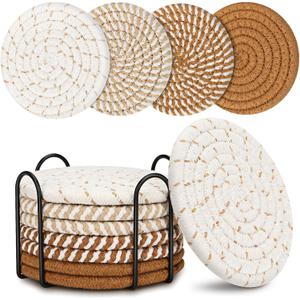 Coasters for Drinks, Coasters Set of 4 - Color, 8 Pack Coaster Set, Boho Coaster with Holder, Coffee Table Decor, Living Room Decor, Kitchen Table Decor (Brown)