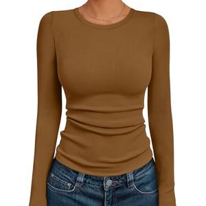 AUTOMET Women's Long Sleeve Shirts Ribbed Slim Fit Crewneck Tops Basic Layering Tees Undershirts Fall Winter Clothes Light Brown L