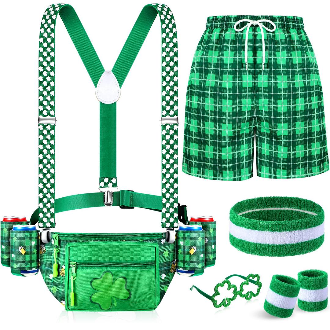St Patricks Day Accessories Leprechaun Costume Green Fanny Pack with Drink Holder Irish Shamrock Shorts for Men(Plaid,XXL)