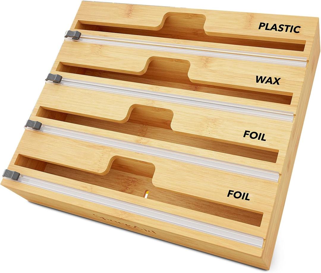 SpaceAid WrapNeat 4 in 1 Wrap Dispenser with Cutter and Labels, Plastic Wrap, Aluminum Foil and Wax Paper Dispenser for Kitchen Drawer, Bamboo Roll Organizer Holder, Compatible with 12" Roll