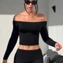 YEOREO Sophie Women Off Shoulder Long Sleeve Shirts Double Lined Basic Undershirt Y2K Going Out Tops (Black, S)