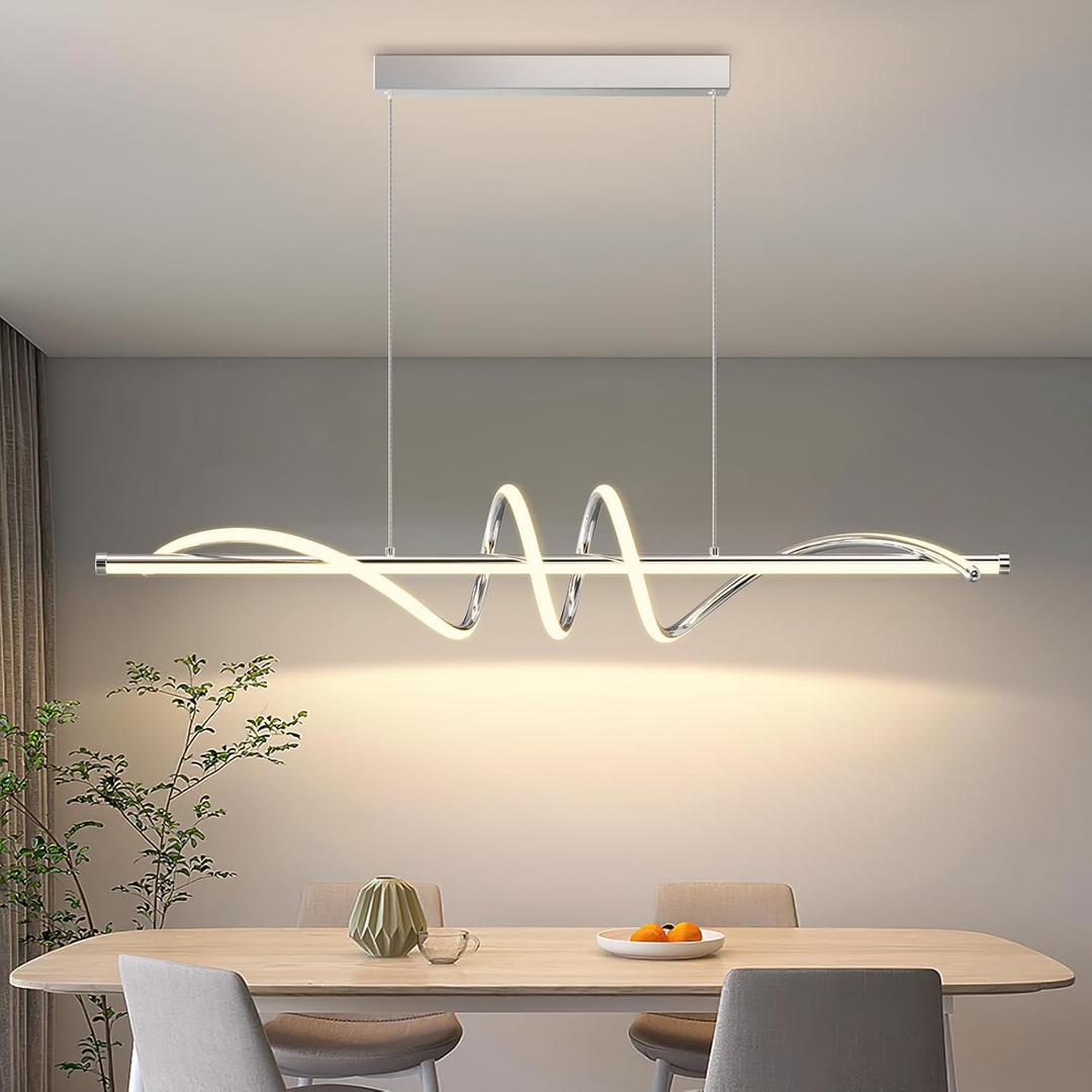 Modern Pendant Light Kitchen Island 47in Dimmable Hanging Lamp 3000k-6000K Adjustable Warm/Nautral/White with Remote Control, Kitchen Island Lighting Chrome Silver