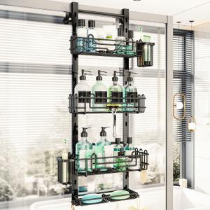 HapiRm 4 Tier Over the Door Shower Caddy, Hanging Shower Organizer with 22 Hooks and 2 Toothbrush Holders, No Drilling Adjustable Hanging Shelves for Bathroom Storage - Black