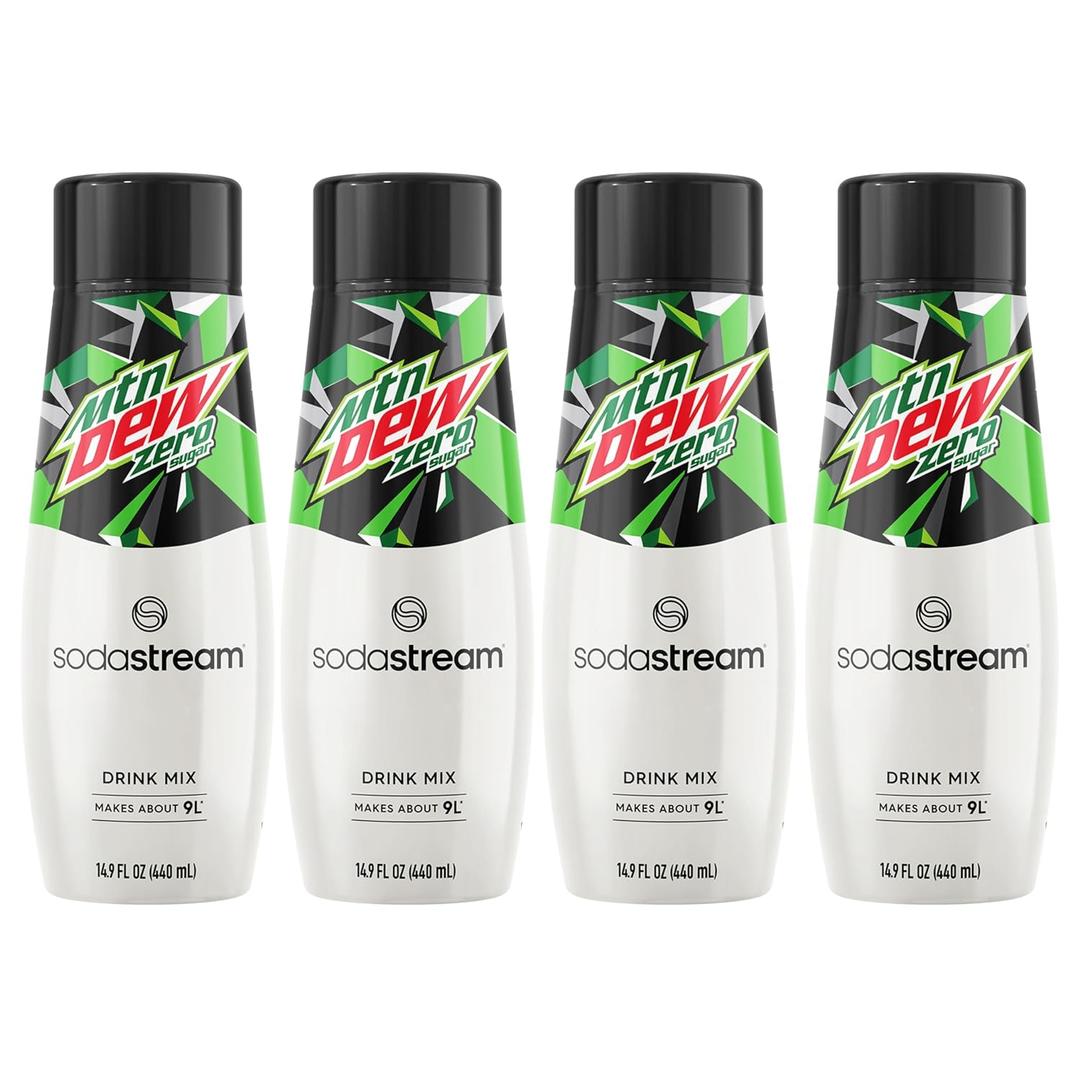 SodaStream - Mountain Dew Zero Sugar Drink Mix | For Sparkling Water Makers | Sugar-Free, 0 Calories | Caffeine: 48mg/12oz | Makes 96 Servings | 14.9 Fl Oz, Pack of 4, Expiry Date: 08/19/2025