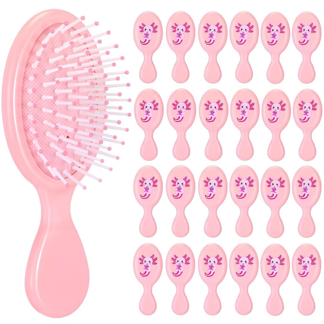 24 Pack Mini Axolotl Hair Brushes - Bulk Small Travel Detangling Brush with Soft Air Cushion, Cute Pink Portable Hairbrush for Kids Girls, Ideal for Birthday Party Favors, Goodie Bag Fillers